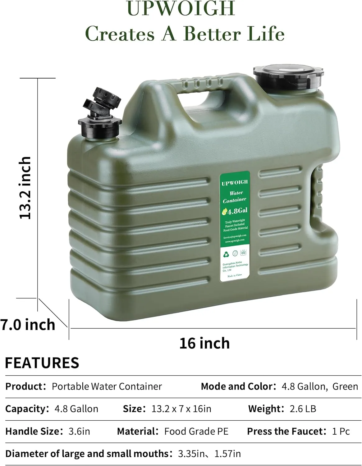 UPWOIGH 5 Gallon Water Jug, Thickened Water Storage Overlanding Gear Containers, Camping Essential Truly Leak-Proof Green Water Tank,BPA Free Portable Emergency Water Can for Outdoors Hiking RV