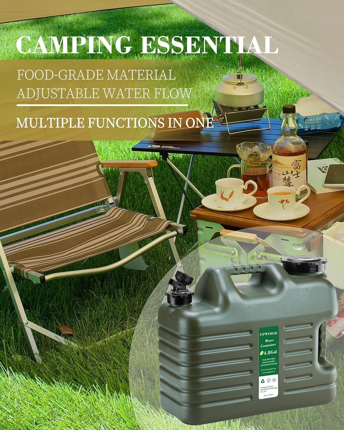 UPWOIGH 5 Gallon Water Jug, Thickened Water Storage Overlanding Gear Containers, Camping Essential Truly Leak-Proof Green Water Tank,BPA Free Portable Emergency Water Can for Outdoors Hiking RV