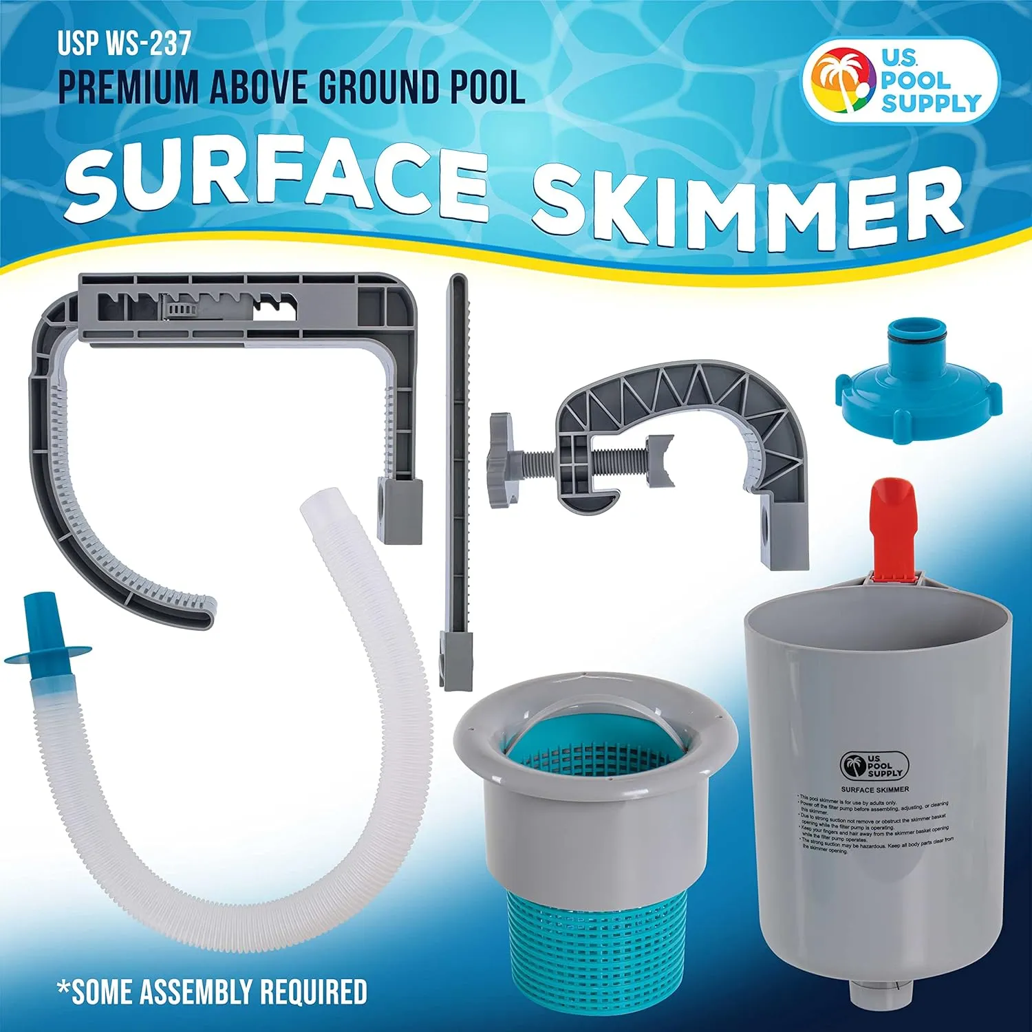 U.S. Pool Supply Pool Skimmer - Above Ground Pool Skimmer, Floating Surface Skimmer, Accessories - Clean Debris Basket, Wall Mount, Attaches to Inflatable Collars, Tubular and Metal Frames