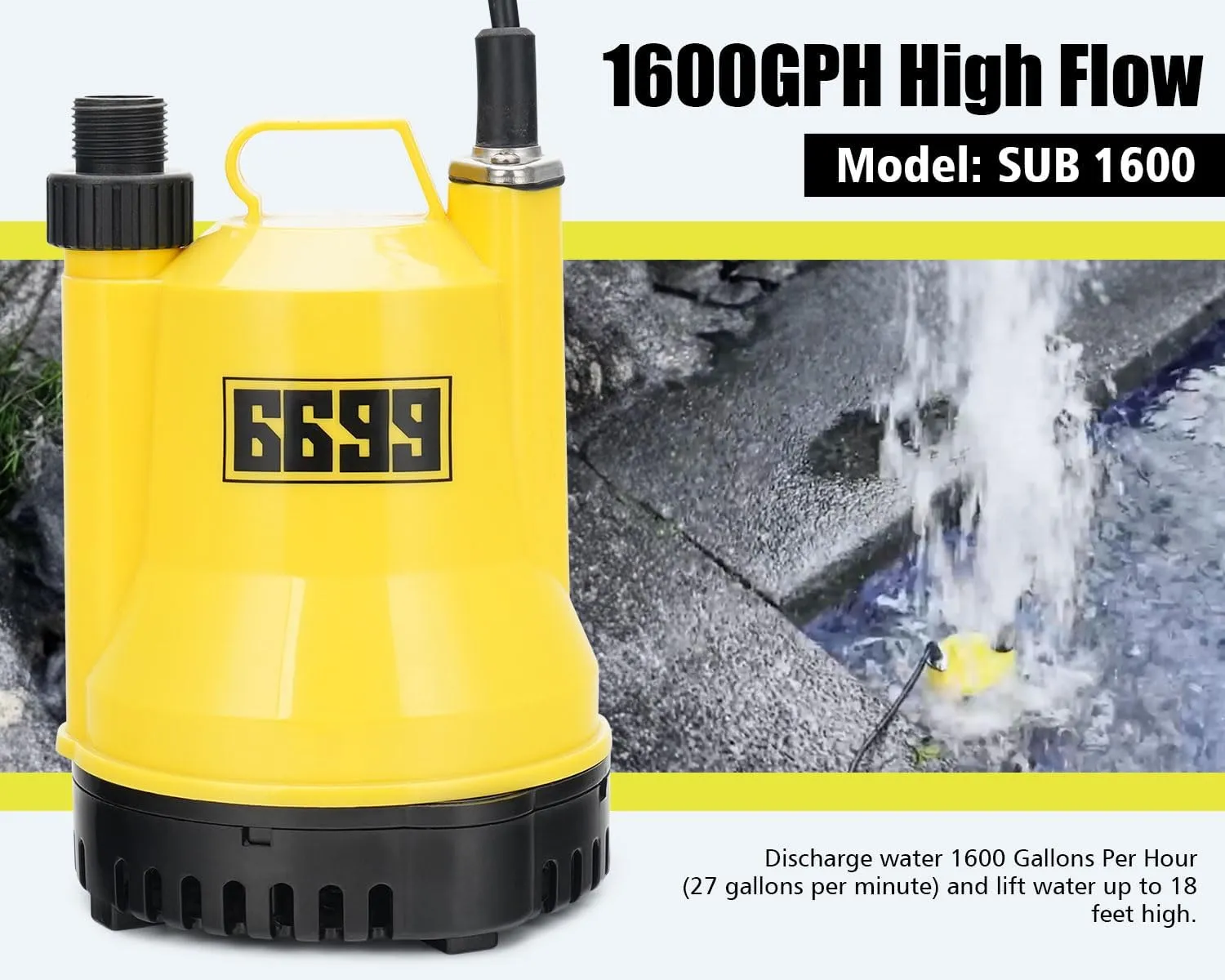 Utility Pump for Removing Water 1/4 HP Submersible Water Pump 1600GPH Portable Transfer Pump with 10-Foot Cord for Pool Tub Garden Pond Draining