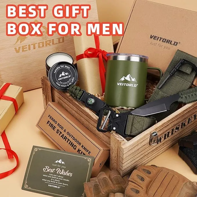 VEITORLD Gifts for Men Dad Him Christmas, Survival Gear and Equipment 12 in 1, Survival Kits, Cool Unique Fishing Hunting Birthday Gift for Husband Teen Boy Boyfriend Women, Stocking Stuffers for Men