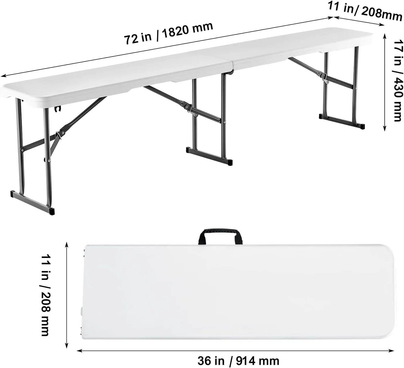 VEVOR Plastic Folding Bench, 6 FT Portable Folding Bench, Smooth HDPE Waterproof Outdoor Bench, Picnic Camping Dining Seat with Carrying Handle, for Garden Soccer Entertaining Activity, White (2 Pack)