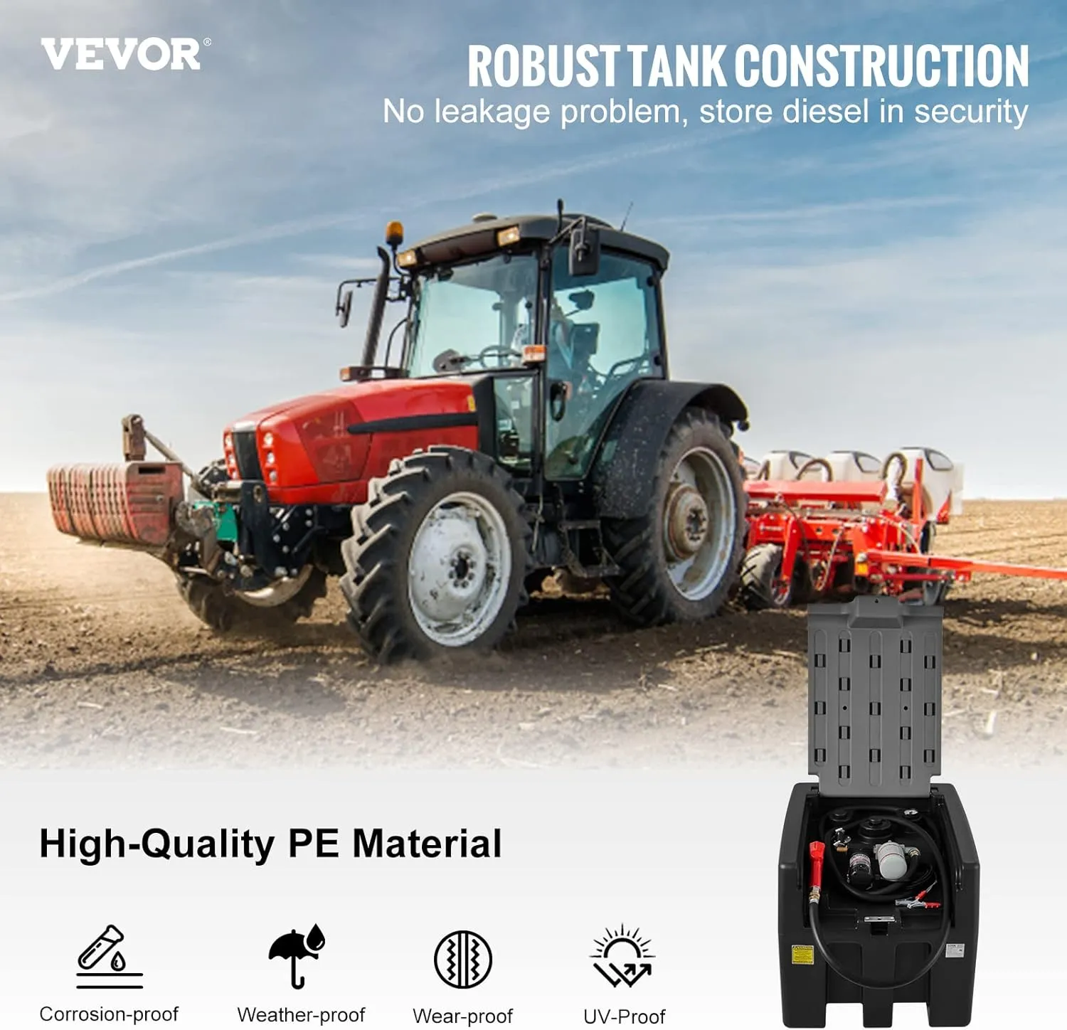VEVOR Portable Diesel Tank, 58 Gallon Capacity & 10 GPM Flow Rate, Portable Fuel Tank with 12V Electric Transfer Pump and 13.1ft Rubber Hose, PE Diesel Transfer Tank for Easy Fuel Transportation Black