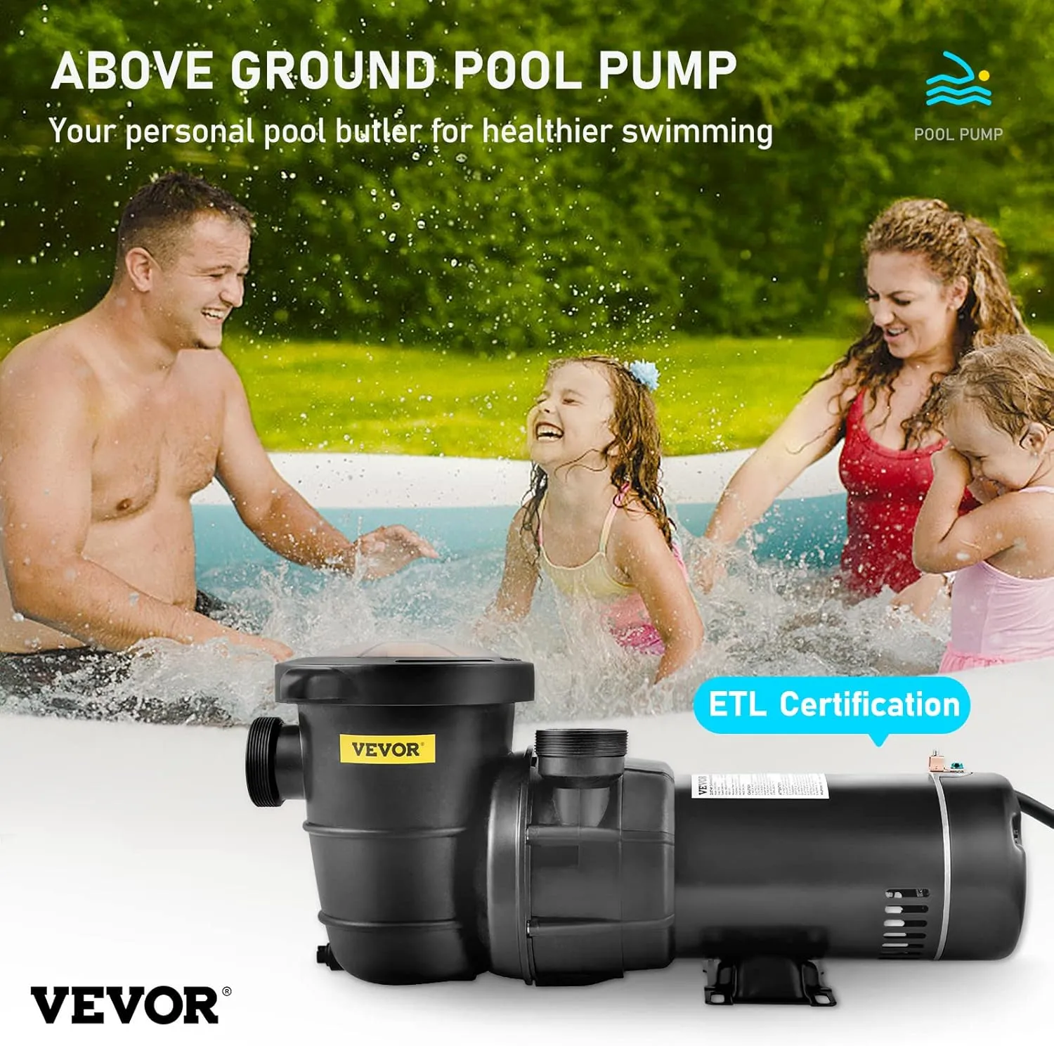 VEVOR Swimming Pool Pump, 2.0HP 115 V, 1500 W Single Speed Pumps for Above Ground Pool w/ Strainer Basket, 5400 GPH Max. Flow, Certification of ETL for Security