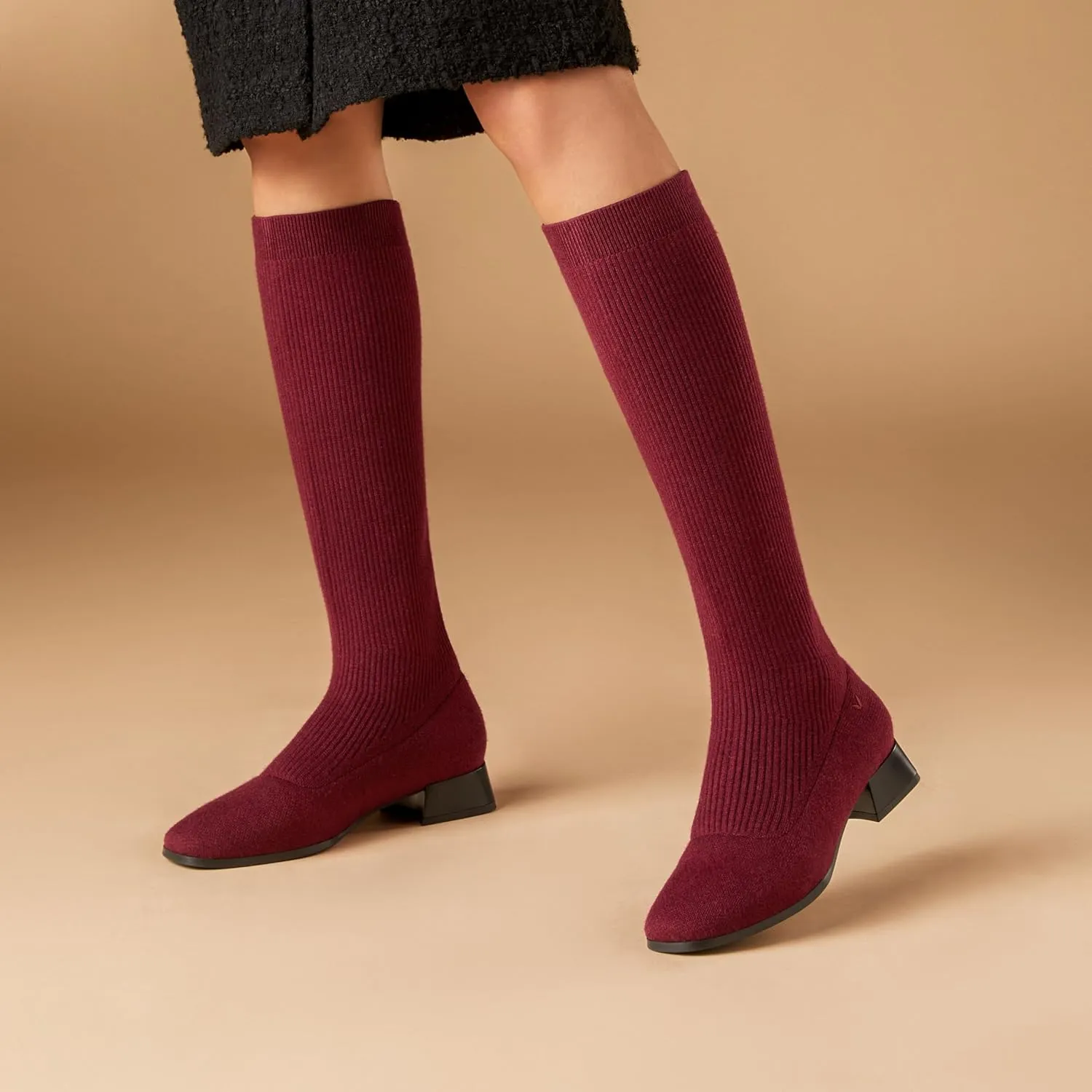 VIVAIA Tara Pro Women's Water Repellent Wool Knee-High Boots Slip on Square-Toe Booties 1.18'' Block Heel Booties Lady Dress Short Winter Fall Boots