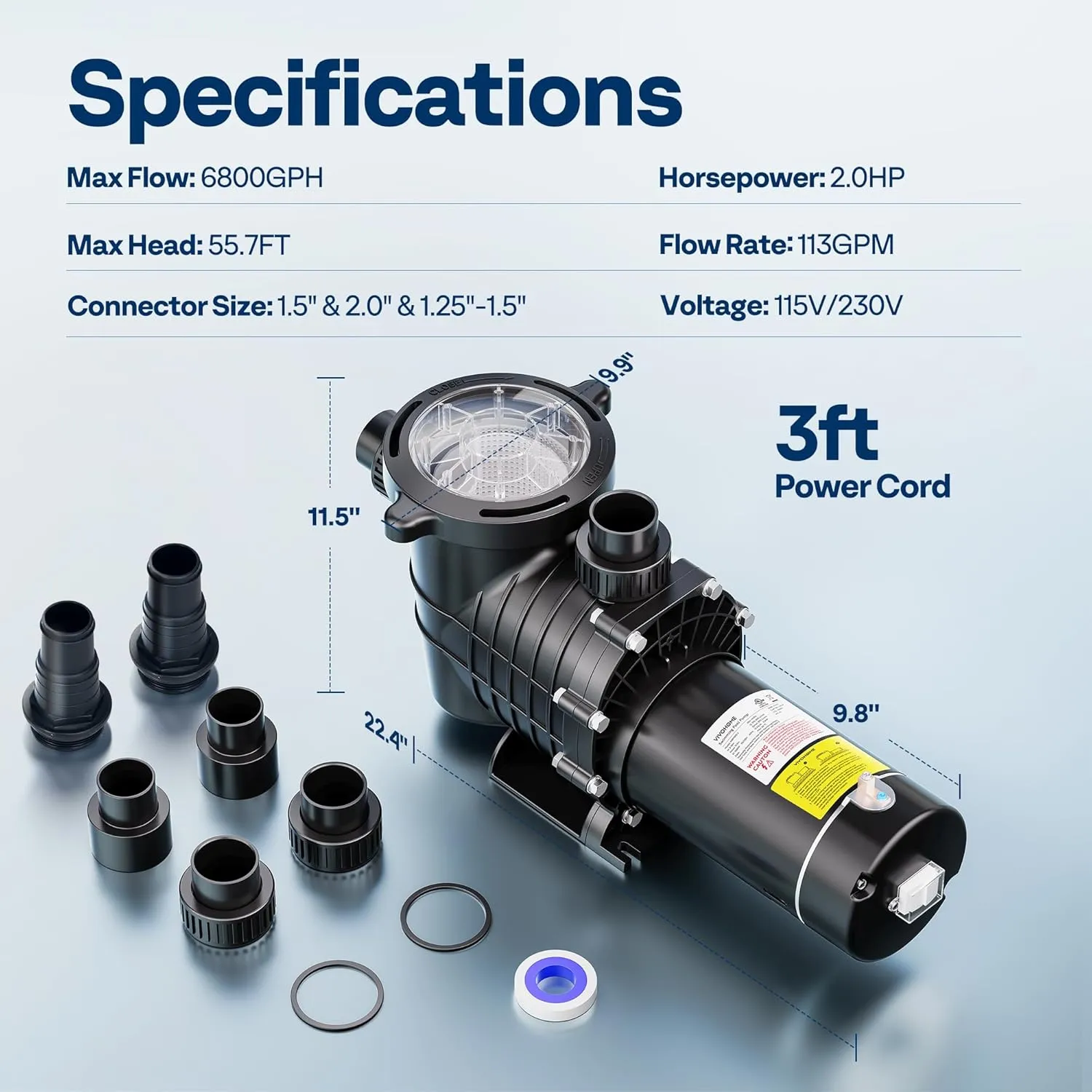 VIVOHOME 2.0HP 6800GPH Dual Voltage Pool Pump, Self-Priming Energy Saving, 1.5" & 2" & 1.25"-1.5" Connectors w/Strainer Basket for In/Above Ground Pools
