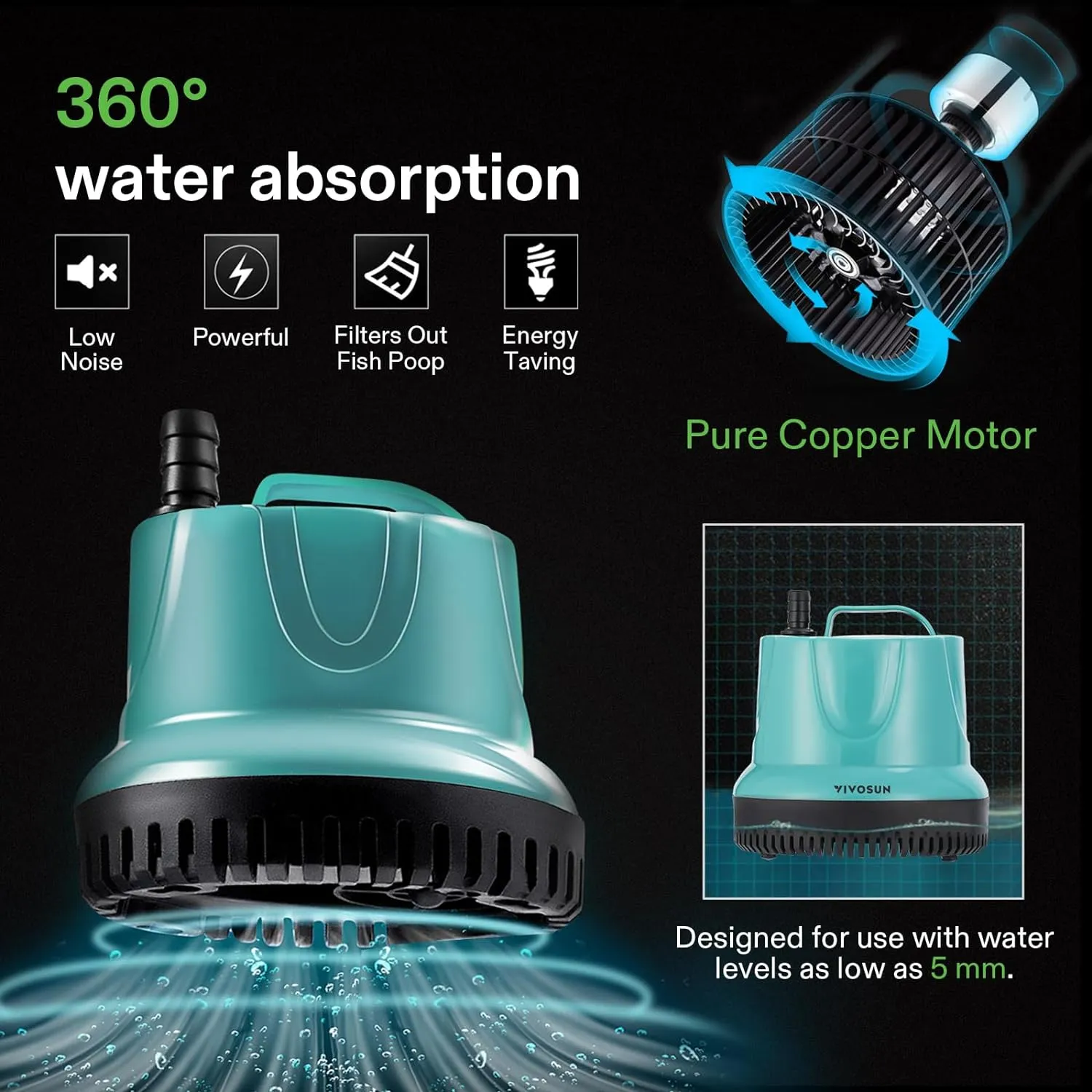 VIVOSUN 1150GPH 100W Submersible Pump for Fish Tank, Pond, Aquarium, Hydroponic Systems with 5ft Power Cord and 4 Nozzles Blue
