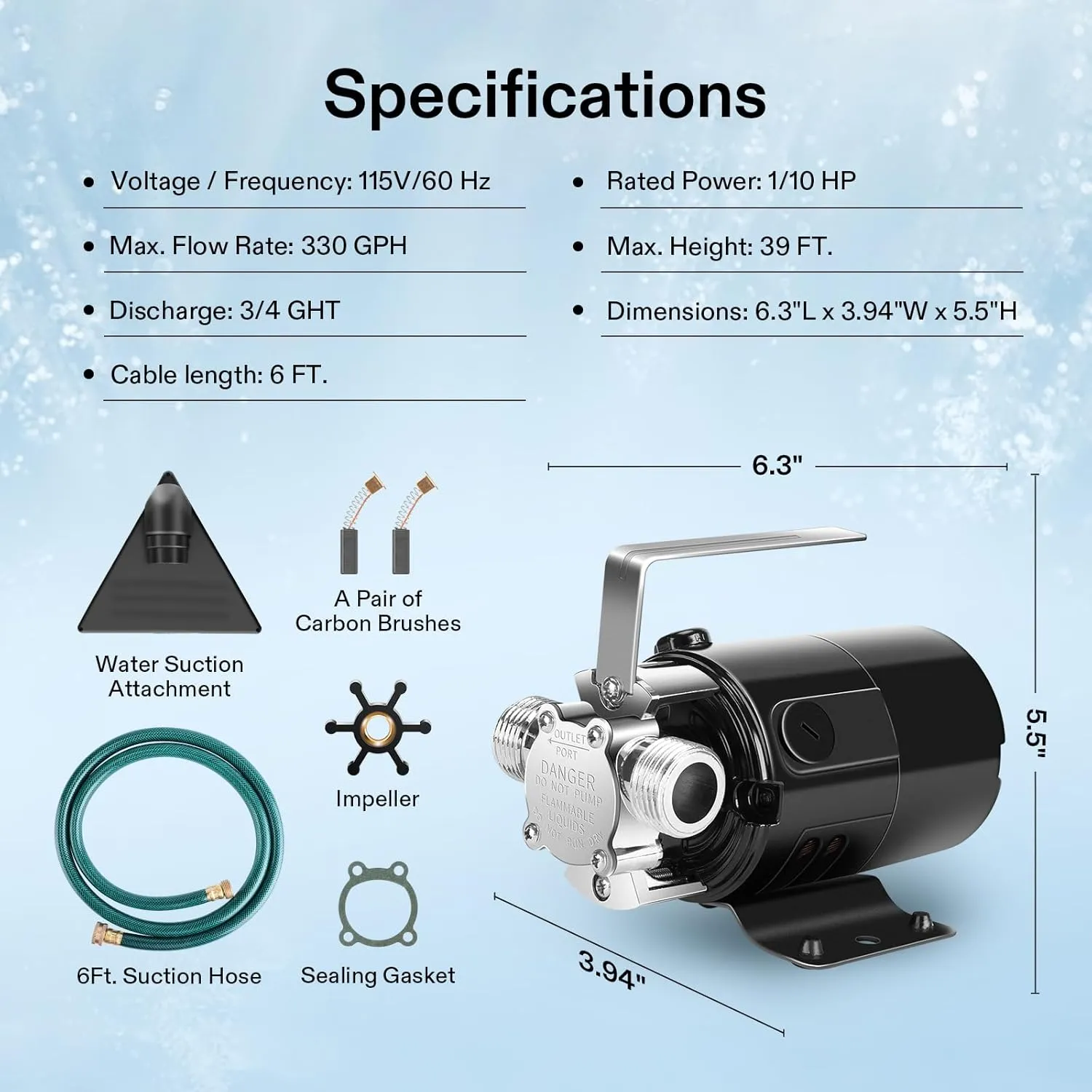 VIVOSUN 115V Water Transfer Pump, 1/10HP 330 GPH Portable Utility Pump with Water Hose Kit, Ideal for Removing Water from Gardens, Hot Tubs, Rain Barrels, Pools, Ponds, and Aquariums