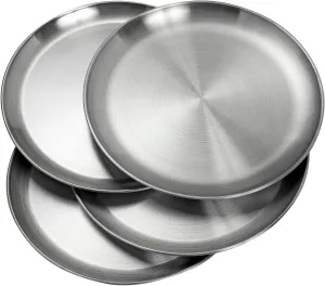 WANBY Stainless Steel Plates 10 inch Metal Lightweight Steel Plate Unbreakable Dinner Dishes Plates Set Non-Toxin Dishwasher Safe BPA Free and Healthy (4 Pcs)