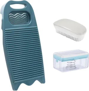 Wash Board, Washboard for Hand Washing Clothes, Plastics Laundry Scrub Board Household With Holder Portable (D-Navy blue multifunctional soap dish soft bristle brush)
