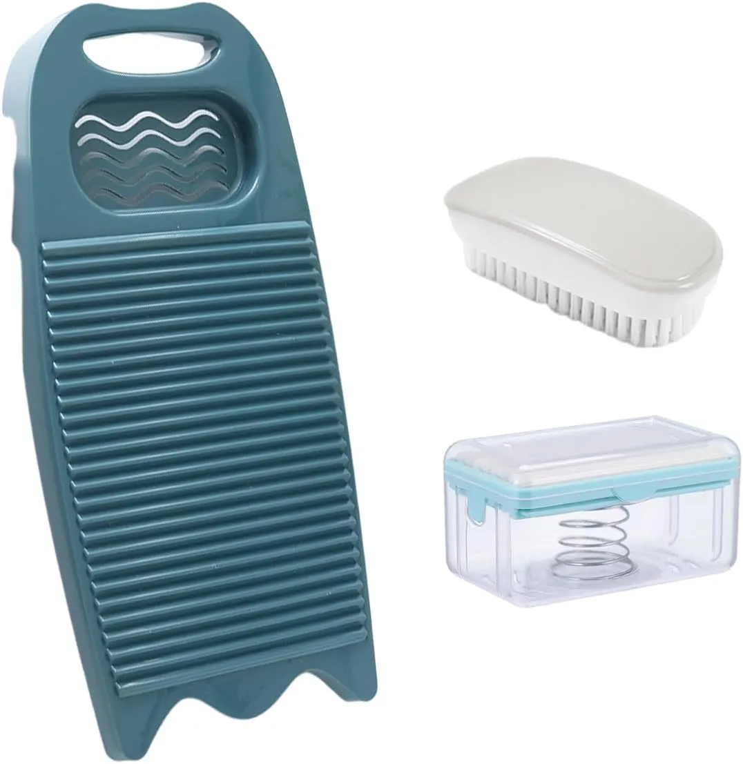 Wash Board, Washboard for Hand Washing Clothes, Plastics Laundry Scrub Board Household With Holder Portable (D-Navy blue multifunctional soap dish soft bristle brush)