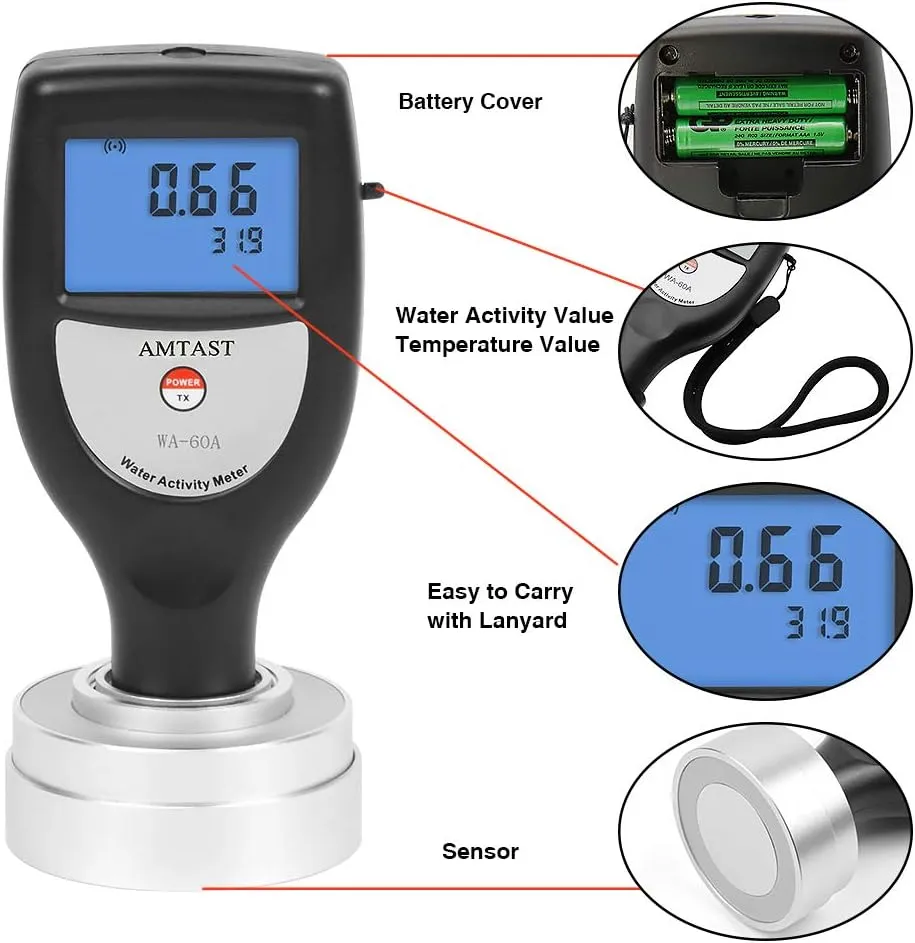 Water Activity Meter Smart Food Water Activity Tester for Food Jerky Dried Fruit Grain Vegetable, AW Monitor Water Activity Testing with USB Data Cable & Software WA-60AS