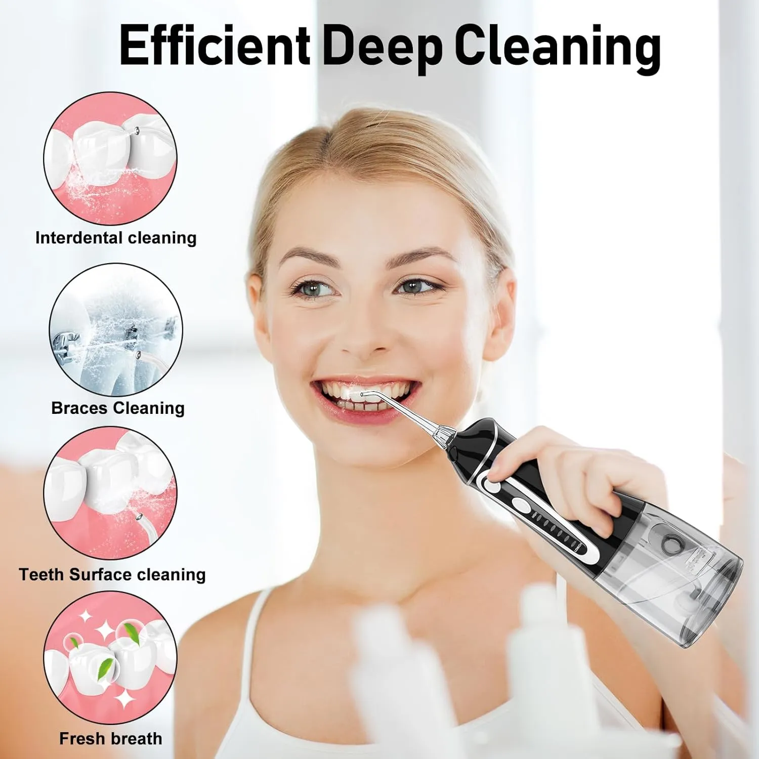 Water Flosser,Grinest 7 Modes Rechargeable Water Dental Picks for Teeth Cleaning Cordless Oral Irrigator Portable IPX7 Waterproof Tooth flossers for Home Travel-Black