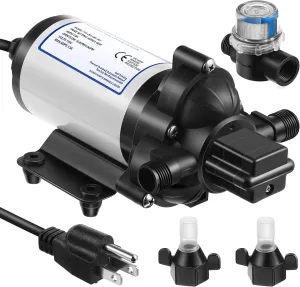 Water Pressure Diaphragm Pump Industrial 115V 4 GPM 45 PSI, Self Priming Water Booster Pump with Power Plug, Fittings Strainer Filter for Kitchen Bathroom RV Marine Caravan, Food Truck, Hose(Black)