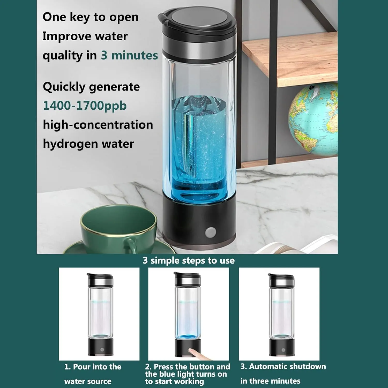 Water Purifiers, Portable Hydrogen Water Bottle Hydrogen Water Generator Ionizer Make Hydrogen Content Up to 1400-1700 PPB High Concentration Discharge Ozone and Chlorine for Travel Hiking Swimming