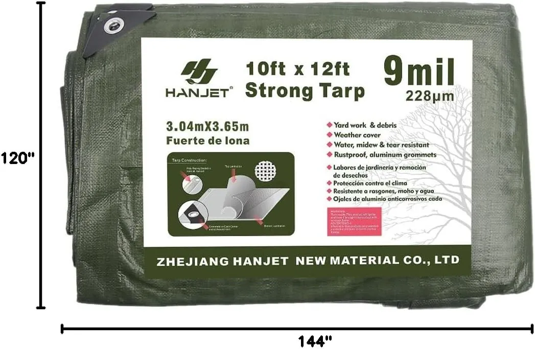 Waterproof 10 x 12 Feet Tarp Heavy Duty 9-mil Thick Multi-Purpose Covers Army Green PE Tarpaulin