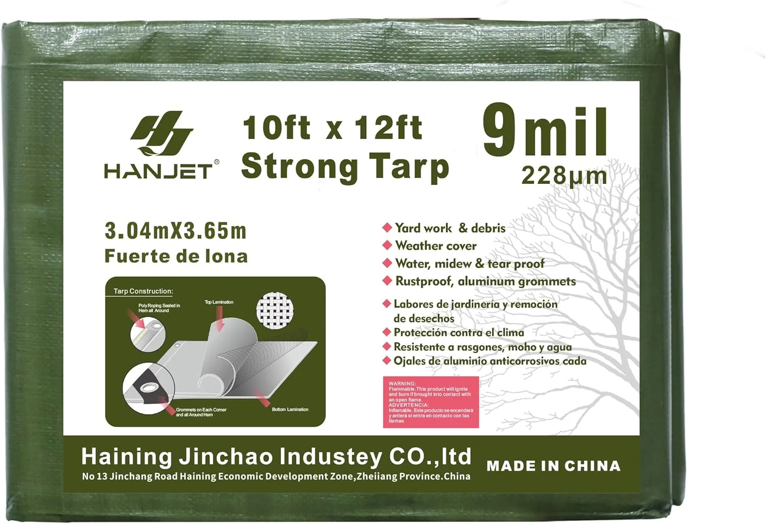 Waterproof 10 x 12 Feet Tarp Heavy Duty 9-mil Thick Multi-Purpose Covers Army Green PE Tarpaulin