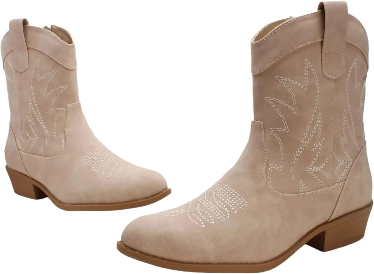 Western Cowgirl Cowboy Ankle Boots for Women or Ladies, Mid Calf, Vegan Leather Embroidered Upper, Low Heel, Fashionable Pointed-toe, Well Made