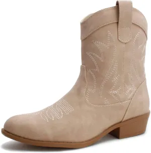 Western Cowgirl Cowboy Ankle Boots for Women or Ladies, Mid Calf, Vegan Leather Embroidered Upper, Low Heel, Fashionable Pointed-toe, Well Made