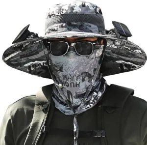 Wide Brim Solar Fan Hats for Men, UPF 50  Solar Power Fan Bucket Hat for Outdoor Fishing Camping Beach Hiking
