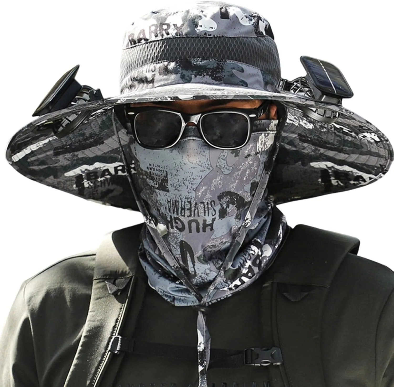 Wide Brim Solar Fan Hats for Men, UPF 50  Solar Power Fan Bucket Hat for Outdoor Fishing Camping Beach Hiking