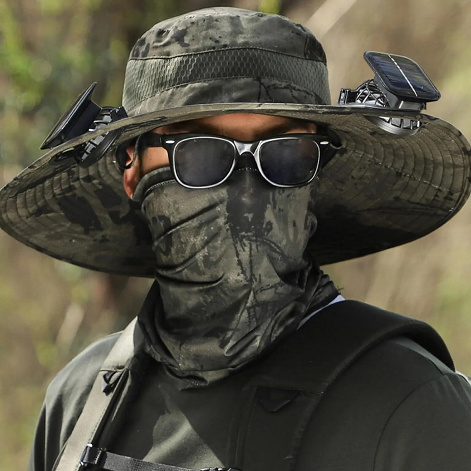 Wide Brim Solar Power Fan Hat, UPF 50  Bucket Hats with Solar Powered Fans for Outdoor Camping Hiking Fishing