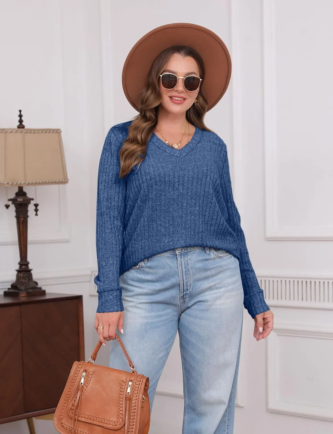 WIHOLL V Neck Long Sleeve Shirts for Women Casual Fall Tops Lightweight Tunic Sweaters Fashion Clothes 2024