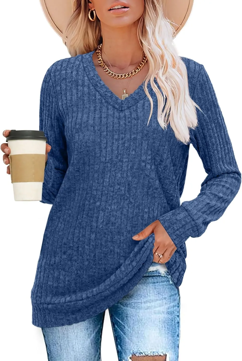 WIHOLL V Neck Long Sleeve Shirts for Women Casual Fall Tops Lightweight Tunic Sweaters Fashion Clothes 2024