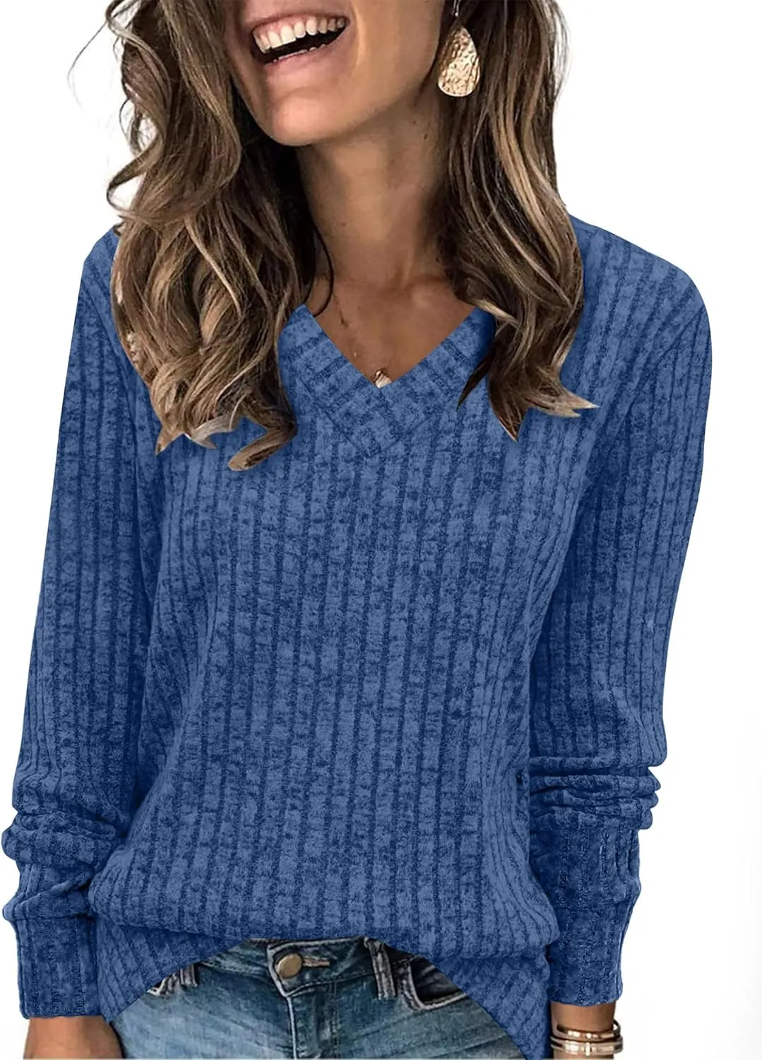 WIHOLL V Neck Long Sleeve Shirts for Women Casual Fall Tops Lightweight Tunic Sweaters Fashion Clothes 2024