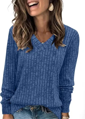 WIHOLL V Neck Long Sleeve Shirts for Women Casual Fall Tops Lightweight Tunic Sweaters Fashion Clothes 2024