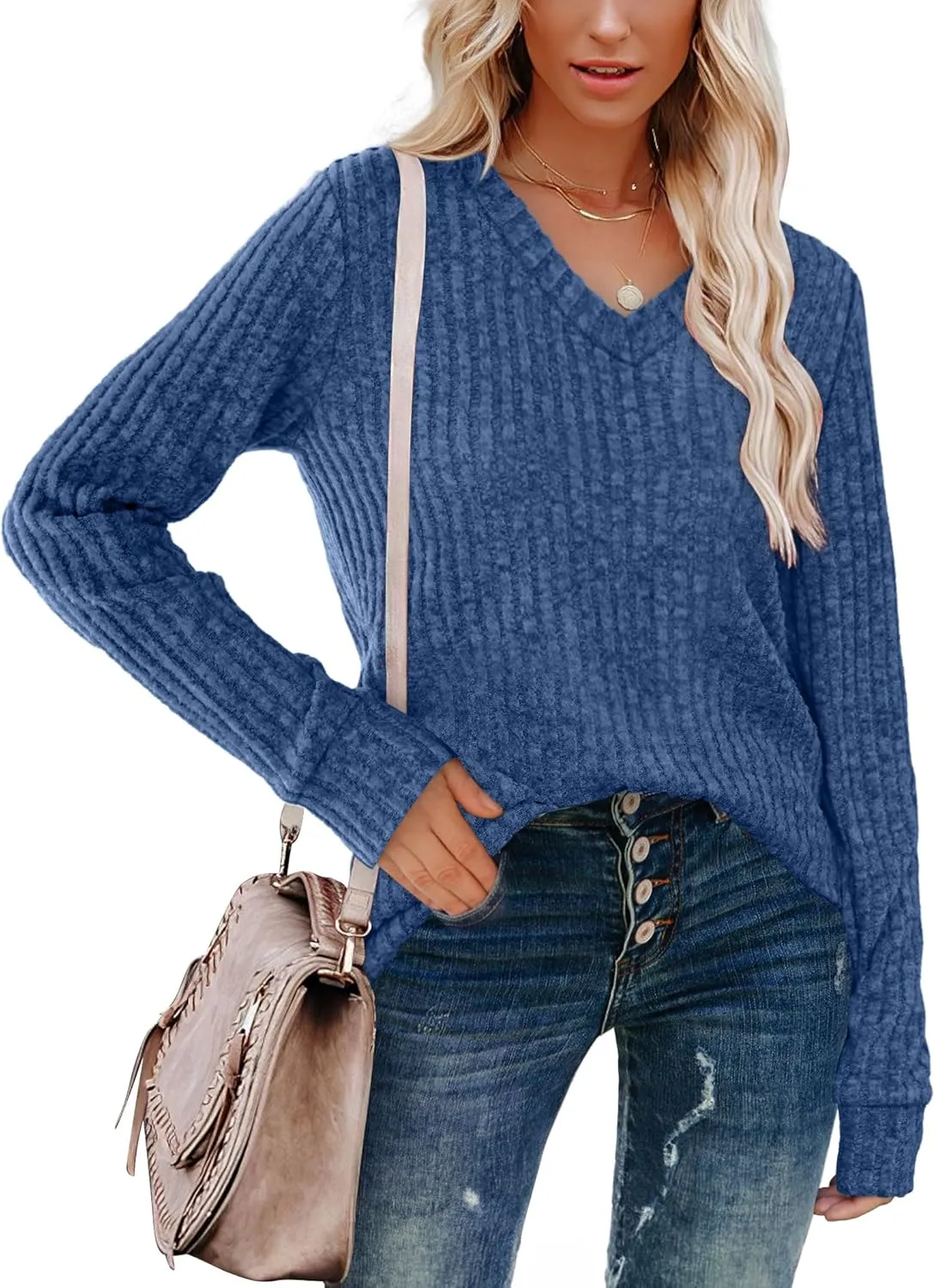 WIHOLL V Neck Long Sleeve Shirts for Women Casual Fall Tops Lightweight Tunic Sweaters Fashion Clothes 2024