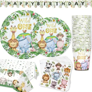 Wild One Birthday Party Supplies Decoration Tableware for 24 Guests, Jungle Safari Theme Paper Plates Cups Napkins Tablecloth and Banner for Kids Boy Girl 1st Animal Birthday Dinnerware Set