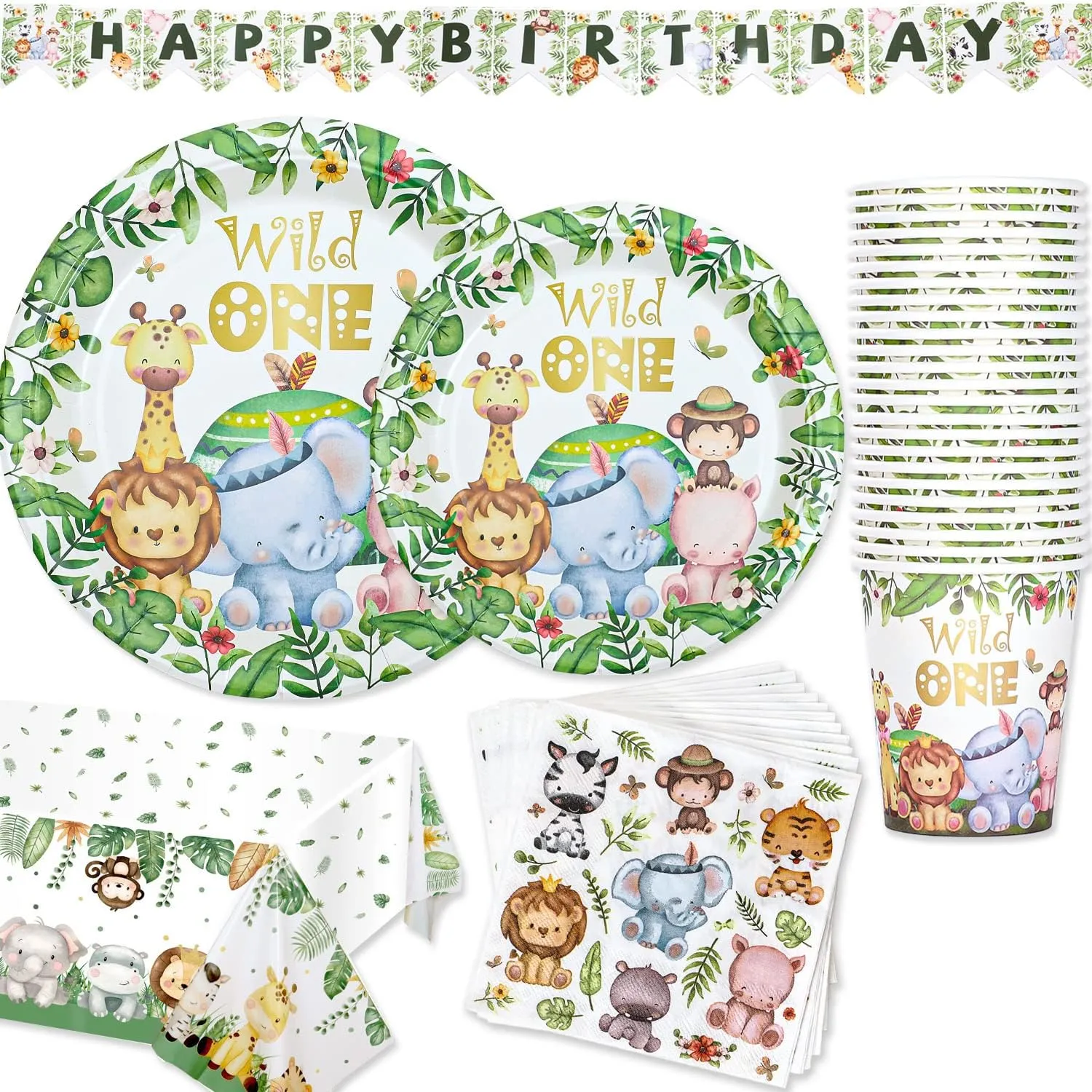 Wild One Birthday Party Supplies Decoration Tableware for 24 Guests, Jungle Safari Theme Paper Plates Cups Napkins Tablecloth and Banner for Kids Boy Girl 1st Animal Birthday Dinnerware Set