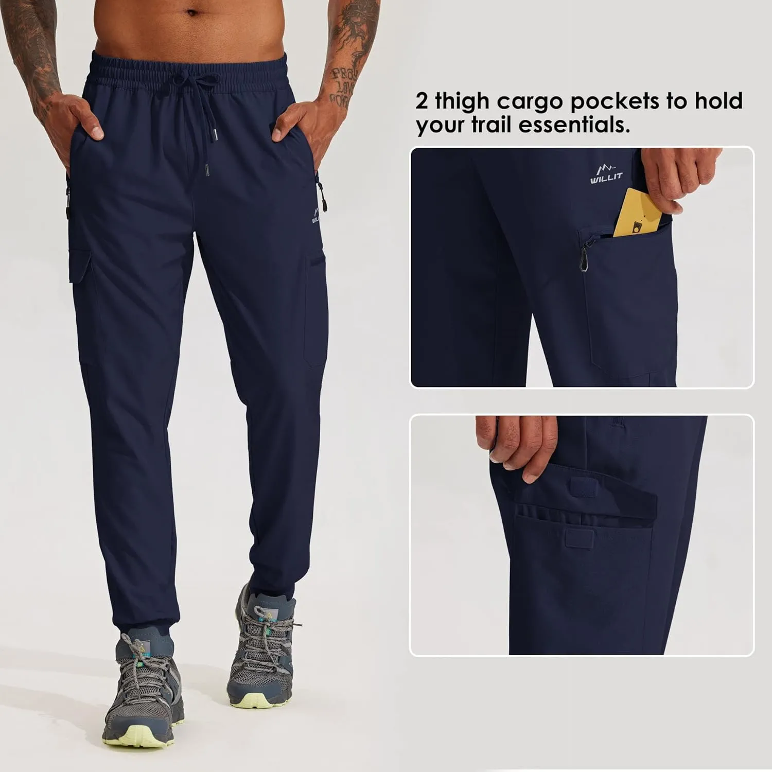 Willit Men's Hiking Joggers Travel Athletic Pants Lightweight Quick Dry Outdoor Running Pants with Zipper Pockets