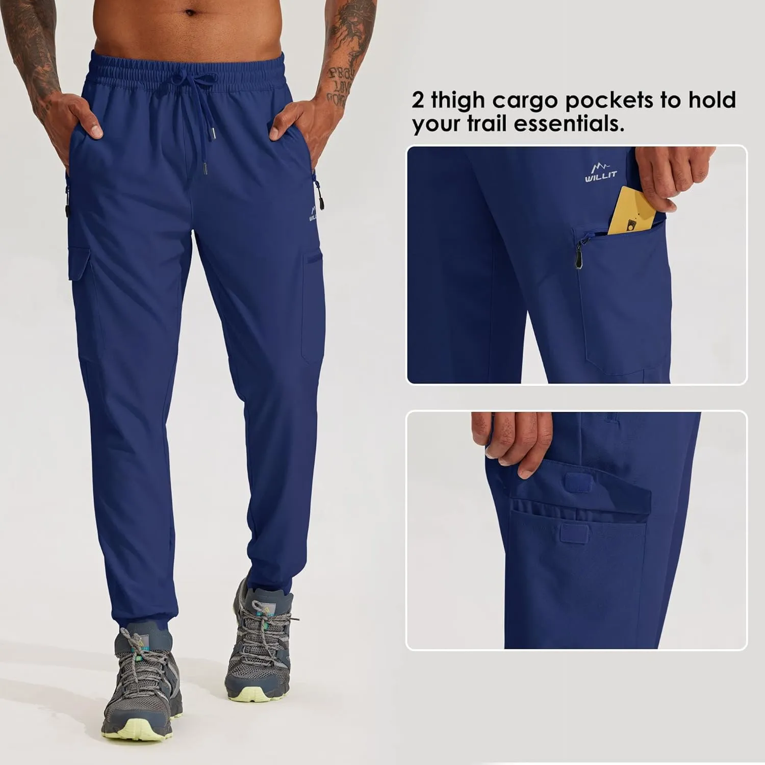 Willit Men's Hiking Joggers Travel Athletic Pants Lightweight Quick Dry Outdoor Running Pants with Zipper Pockets