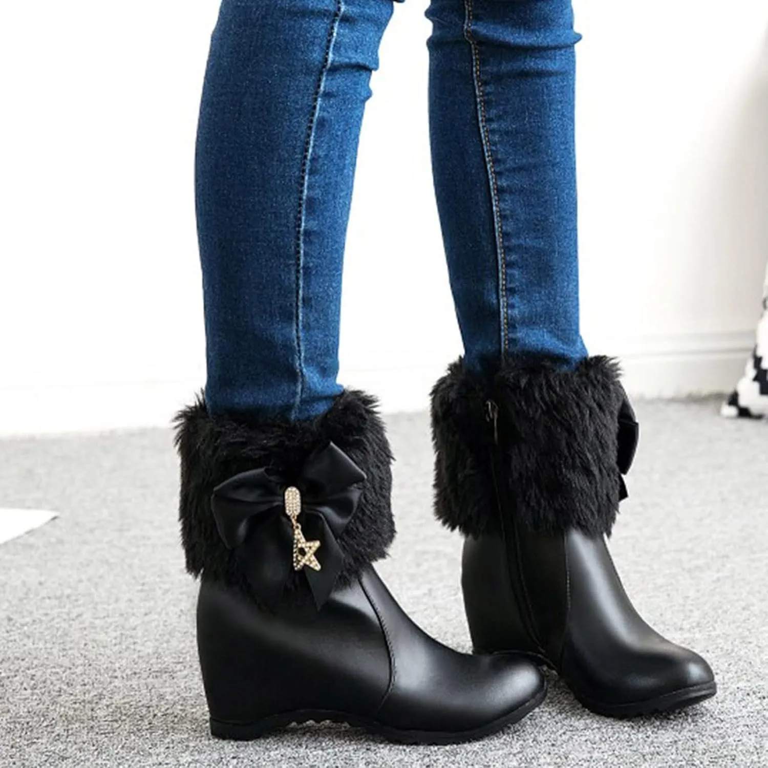 Winter Shoes Women Warm Furry Boots Fur Lined Winter Boots Comfortable Wedge Ankle Booties With Side Zipper