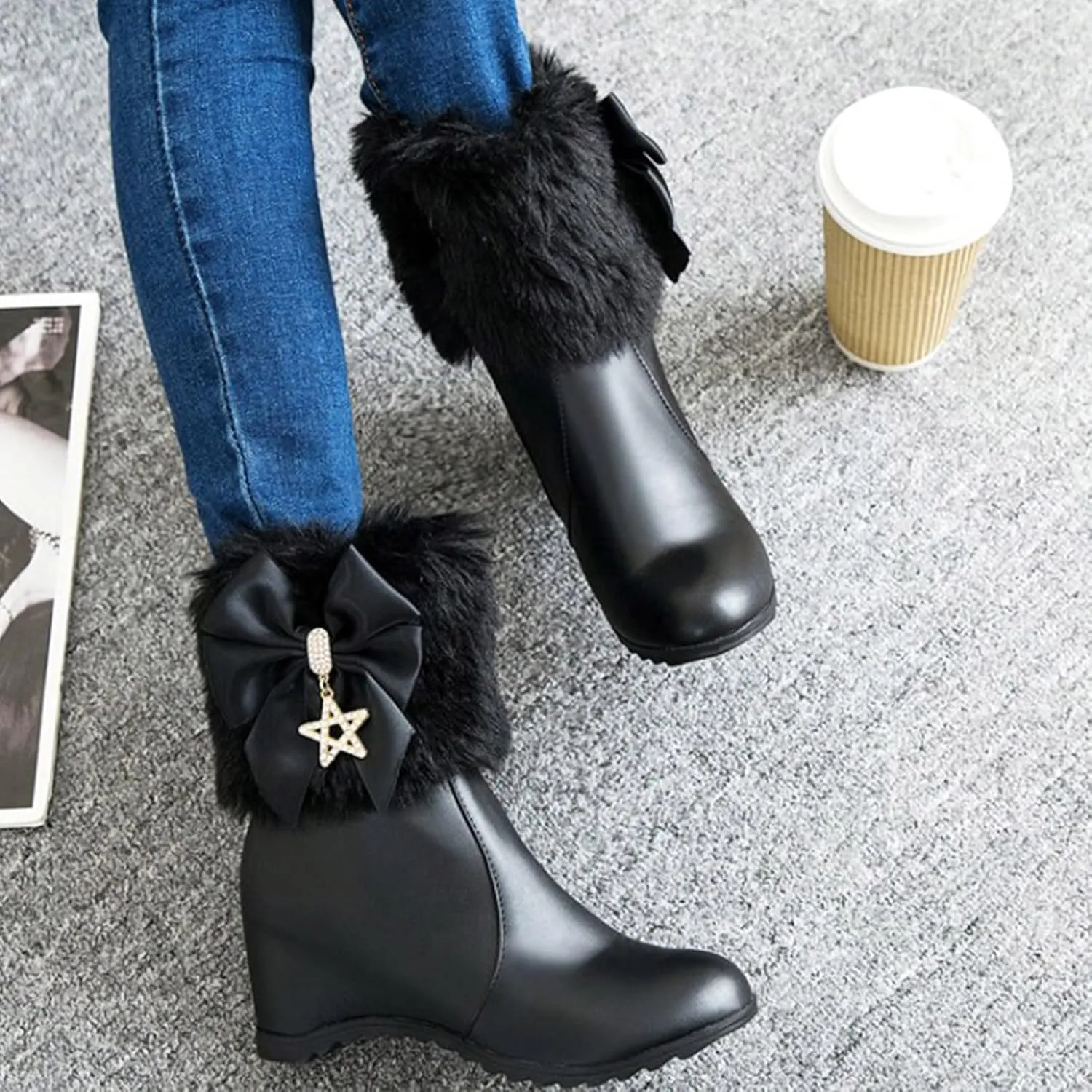 Winter Shoes Women Warm Furry Boots Fur Lined Winter Boots Comfortable Wedge Ankle Booties With Side Zipper