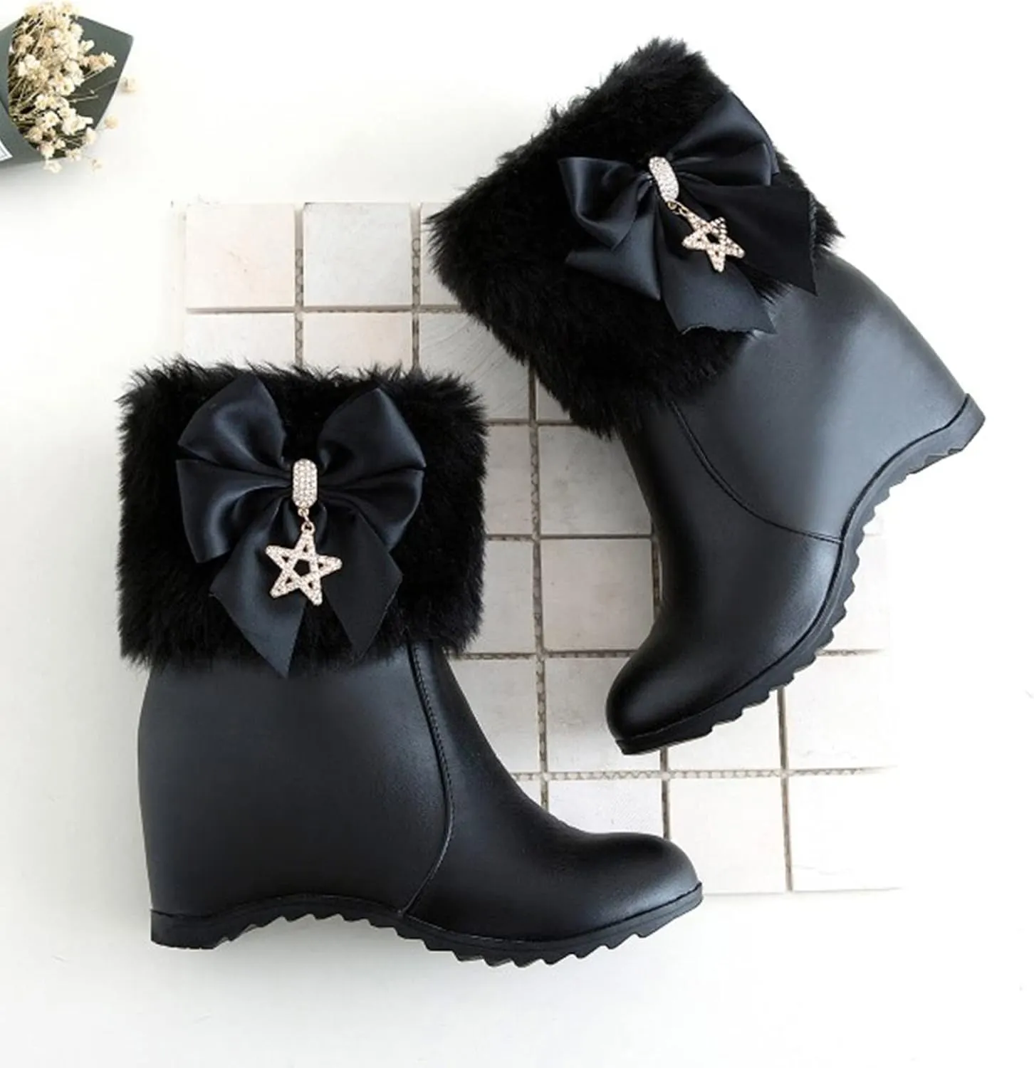 Winter Shoes Women Warm Furry Boots Fur Lined Winter Boots Comfortable Wedge Ankle Booties With Side Zipper
