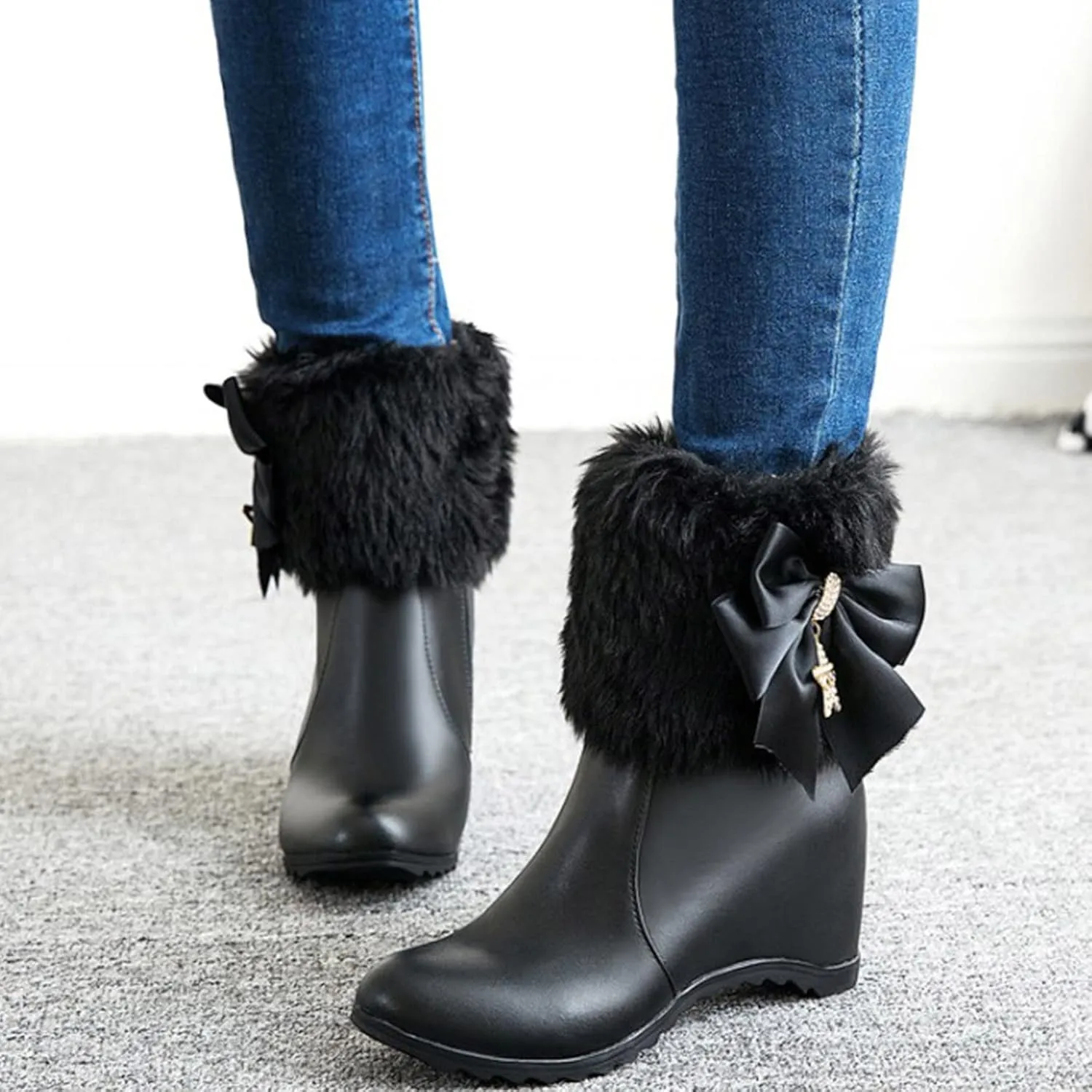 Winter Shoes Women Warm Furry Boots Fur Lined Winter Boots Comfortable Wedge Ankle Booties With Side Zipper