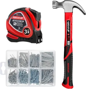 WISEUP Hammer and nails Set 560pcs Wall Nails & Finish Nails For Hanging Pictures Small Hammer Set 8oz Tape Measure 10ft Basic Woodwork Tool Kit For Home Decor,Wood Craft,Household DIY Supplies