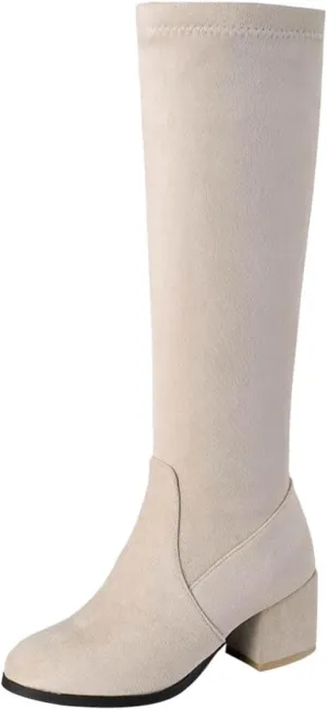 wodceeke Women's Knee High Suede Boots Round Toe Chunky Heel Winter Warm Boots Fashion Side Zipper Riding Boots