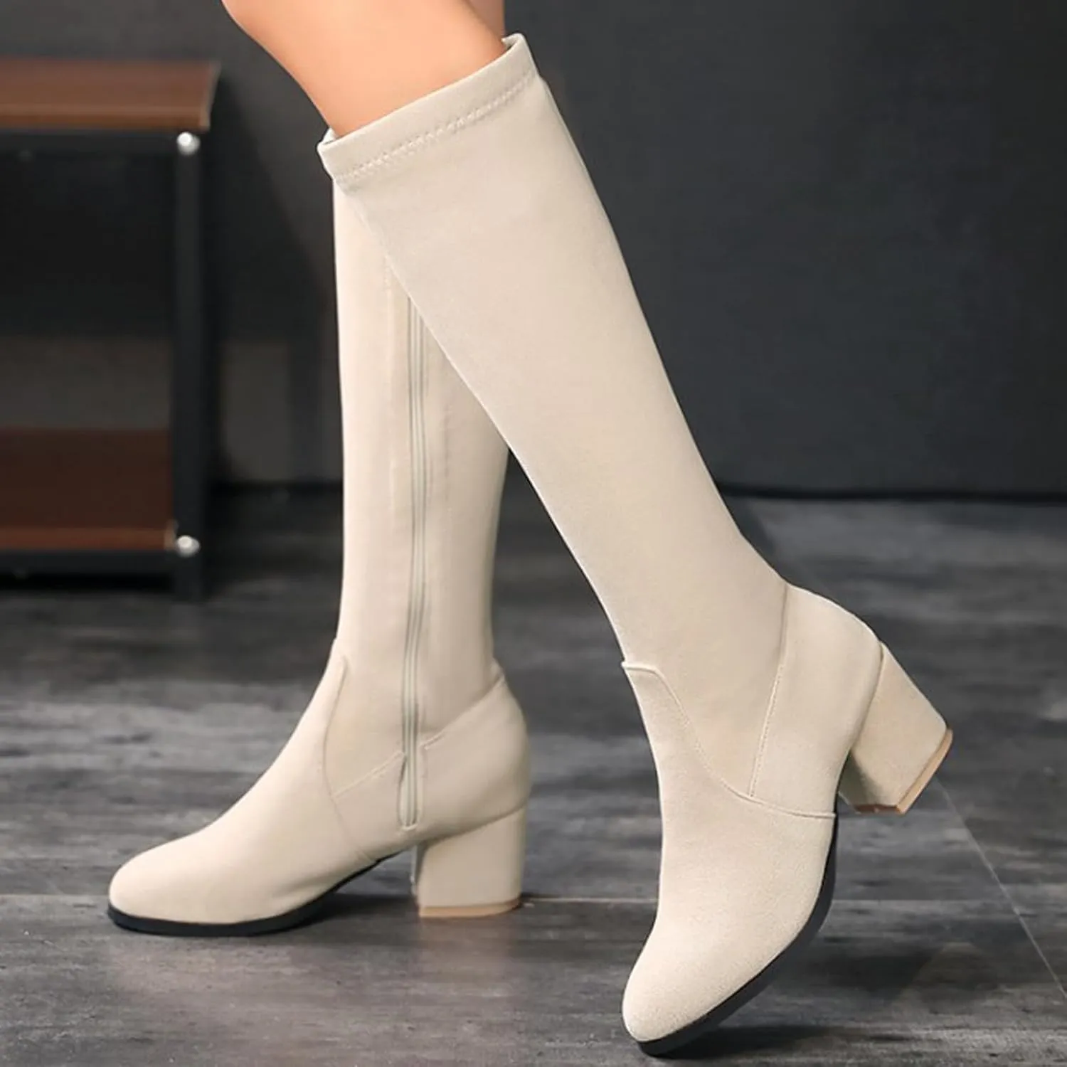 wodceeke Women's Knee High Suede Boots Round Toe Chunky Heel Winter Warm Boots Fashion Side Zipper Riding Boots