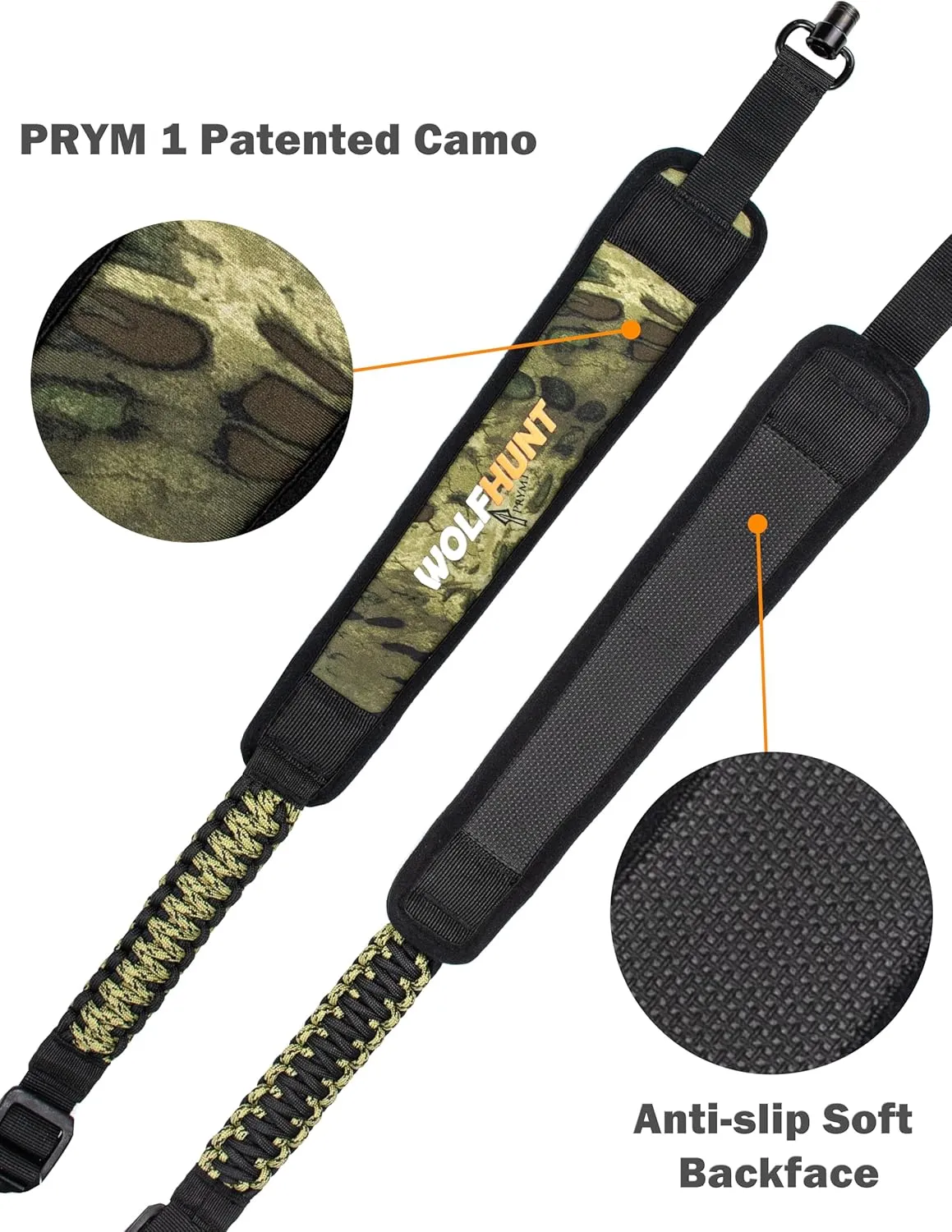 WOLFHUNT 2 Point Gun Sling QD Swivels Quick Release - Paracord Rifle Sling for Hunting with Prym1 Camo, Thickened Padding, Adjustable 26.77"-50.8" for Hunting/Tactical Accessories