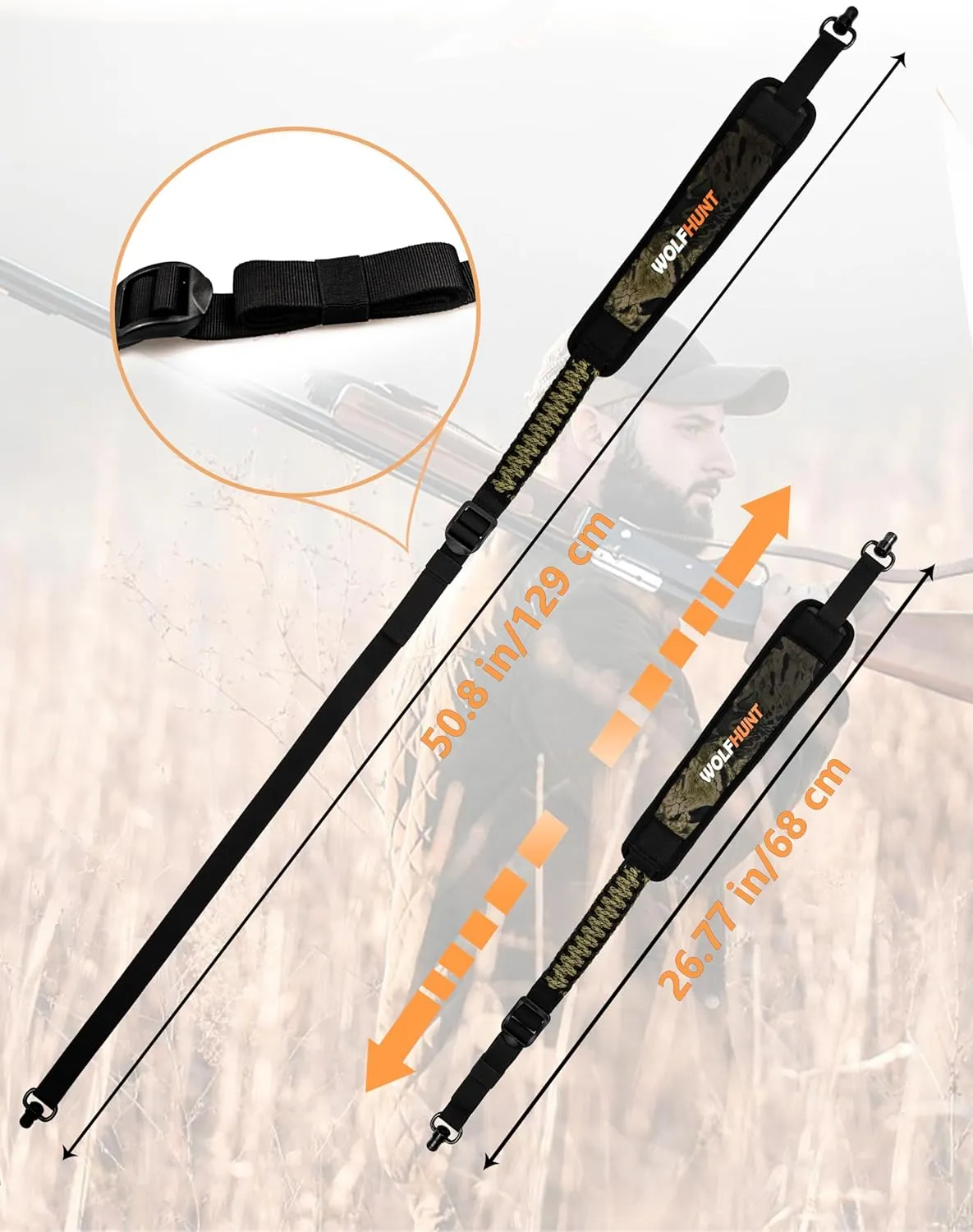 WOLFHUNT 2 Point Gun Sling QD Swivels Quick Release - Paracord Rifle Sling for Hunting with Prym1 Camo, Thickened Padding, Adjustable 26.77"-50.8" for Hunting/Tactical Accessories