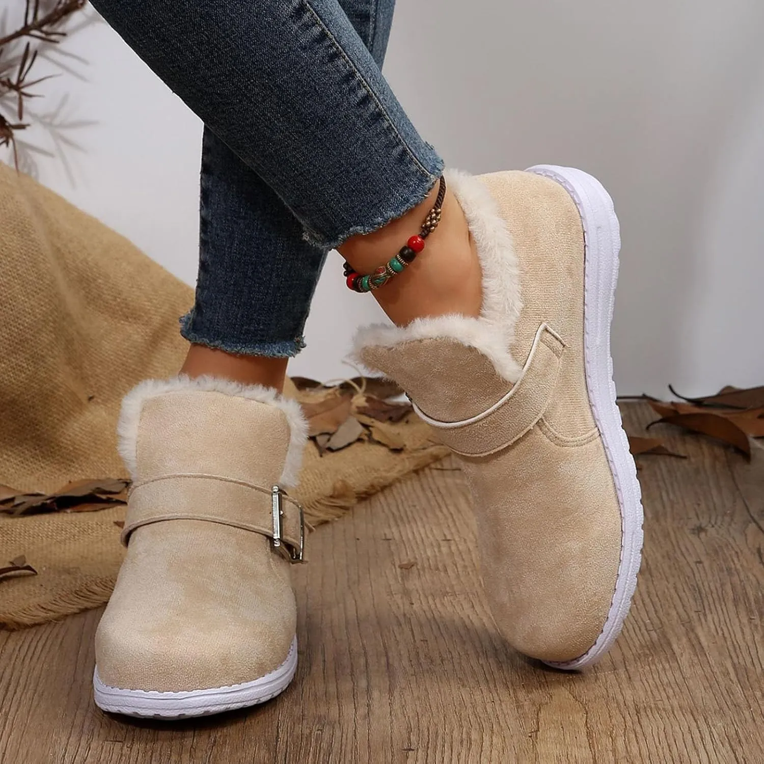 Women Snow Boots Suede Platform Anti-slip Winter Boots Classic Fuzzy Fur Booties Lightweight Slip on Ankle Boots Thickening Winter Shoes Walking Hiking Booties