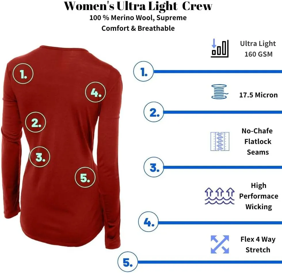Women's 100% Merino Wool Long Sleeve Shirt - Moisture Wicking - Ultralight and Soft - Odor Base Layer