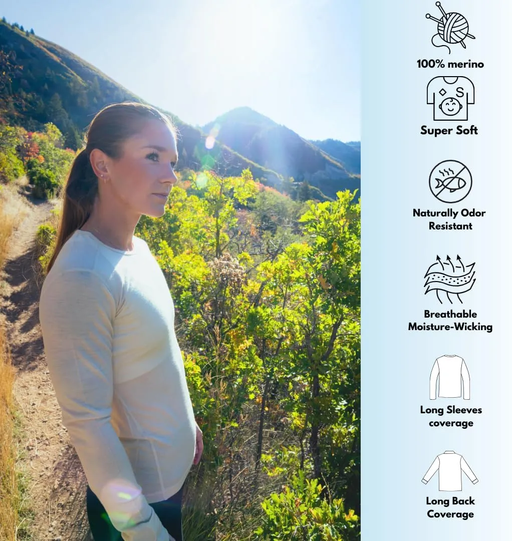 Women's 100% Merino Wool Long Sleeve Shirt - Moisture Wicking - Ultralight and Soft - Odor Base Layer