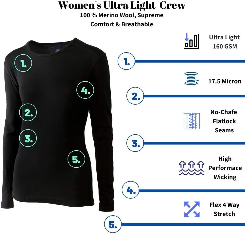 Women's 100% Merino Wool Long Sleeve Shirt - Moisture Wicking - Ultralight and Soft - Odor Base Layer