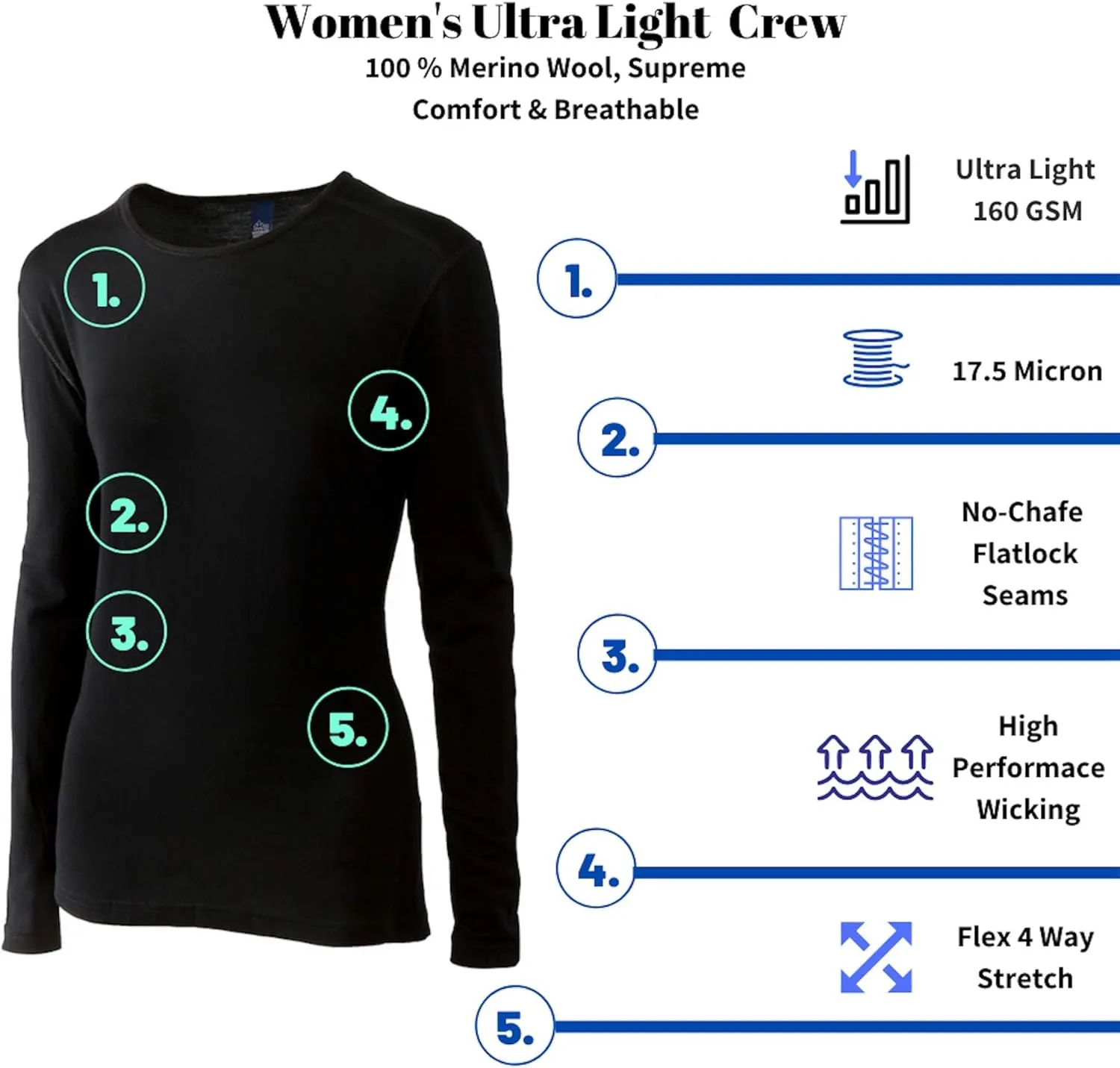 Women's 100% Merino Wool Long Sleeve Shirt - Moisture Wicking - Ultralight and Soft - Odor Base Layer
