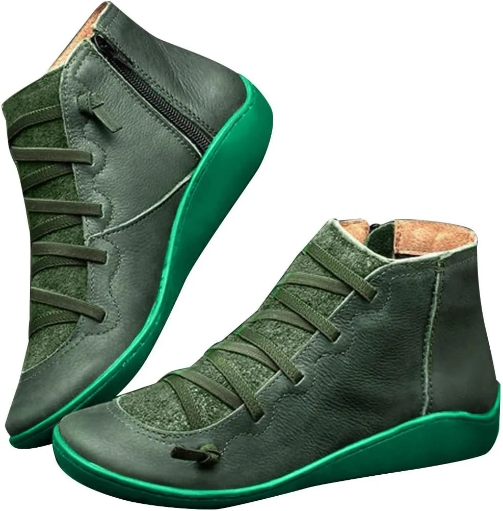 Womens Black Boots Ankle Women Ankle Boots Arch Support Low Heel Lace Up Zipper Flat Casual Walking Short Booties